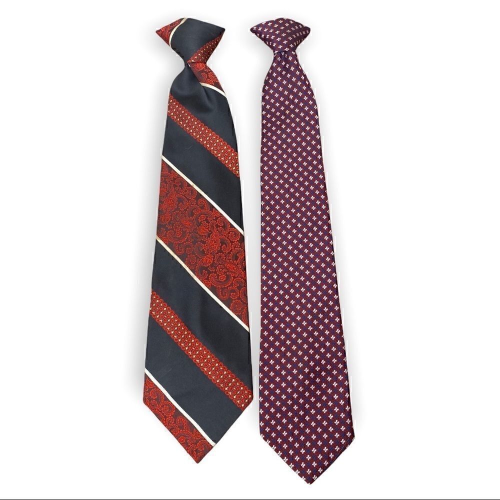 Two Vintage Clip on mens ties red and blue 1960s 1979s polyester Mens Store
